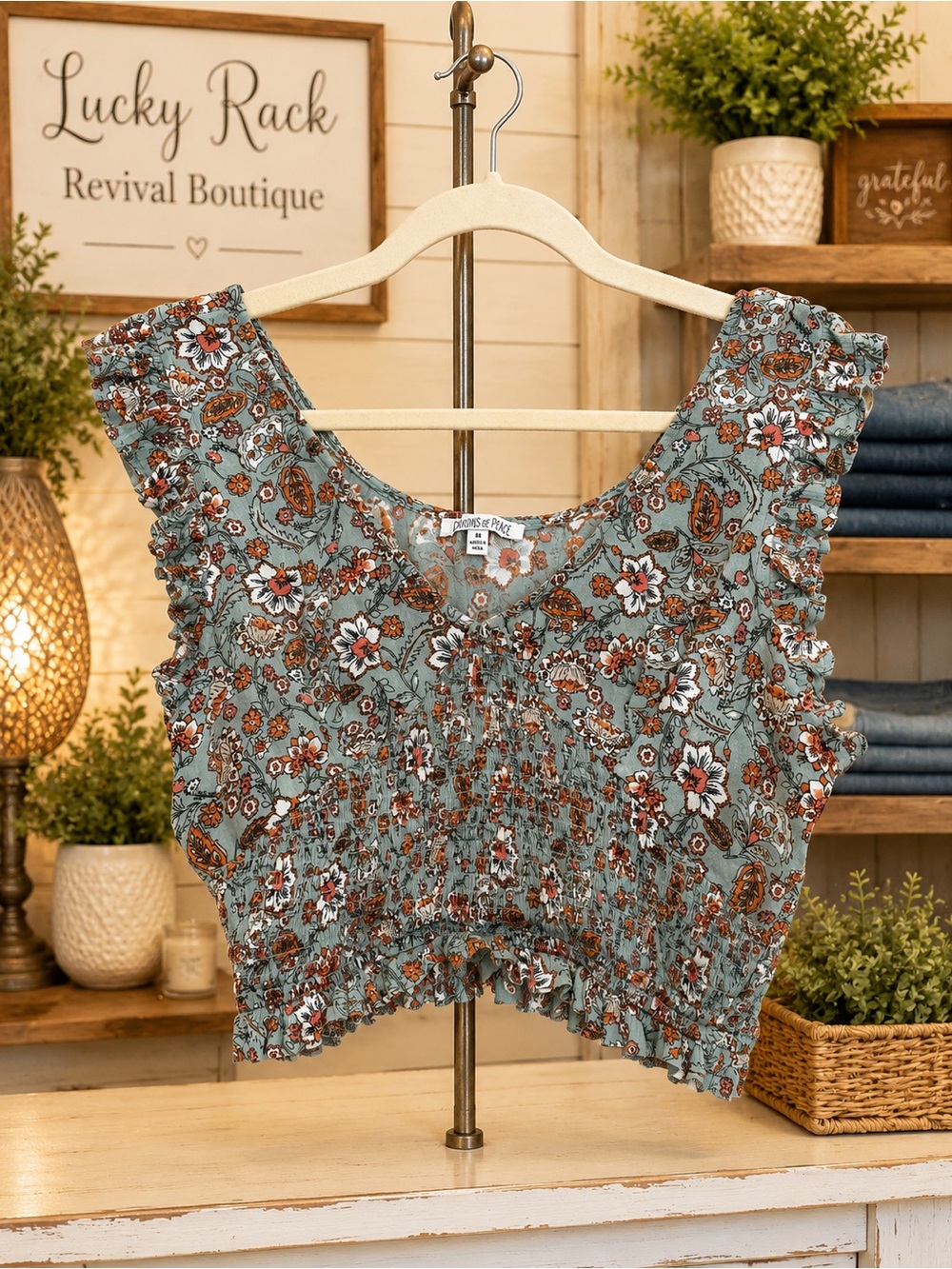 Patrons of Peace Floral Smocked Crop Top Boho Prairie Blouse Medium